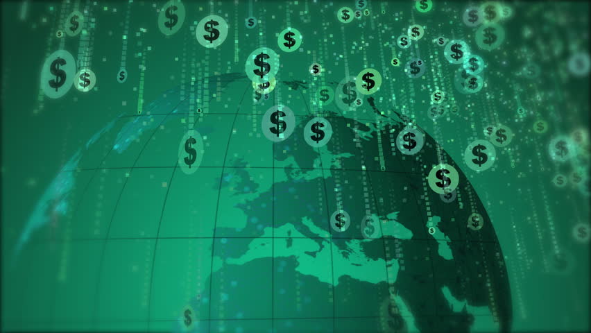 Round dollar symbols falling down like rain on the background of a rotating earth globe. Green looped animation for business. | Shutterstock HD Video #1101615851
