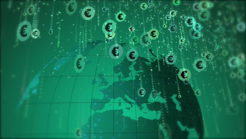 Round euro symbols falling down like rain on the background of a rotating earth globe. Green looped animation for business. European Union coin. | Shutterstock HD Video #1101615855