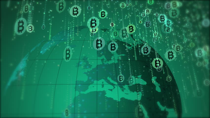 Round bitcoin symbols falling down like rain on a rotating earth globe background. Green looped animation for business. Bitcoin icon in digital cyberspace. | Shutterstock HD Video #1101615857