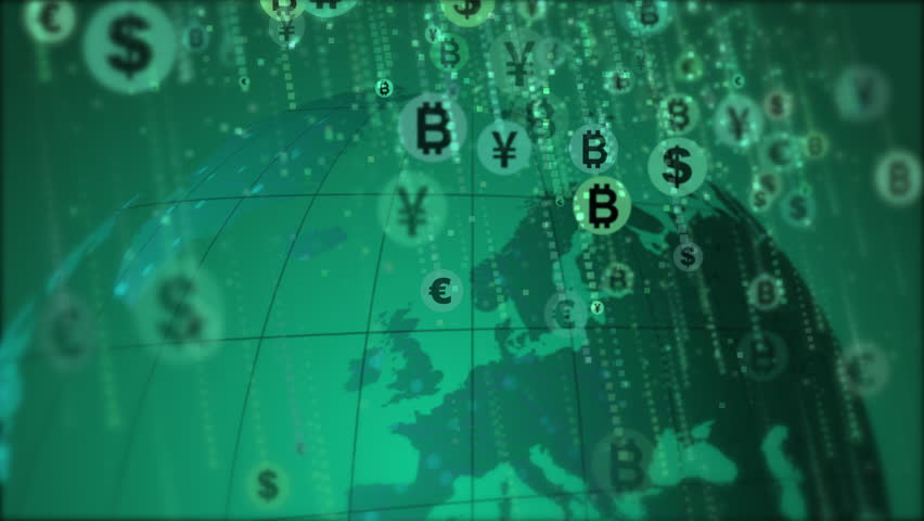 World currency symbols falling down like rain on the background of the rotating planet Earth. Green looped animation for business. | Shutterstock HD Video #1101615859