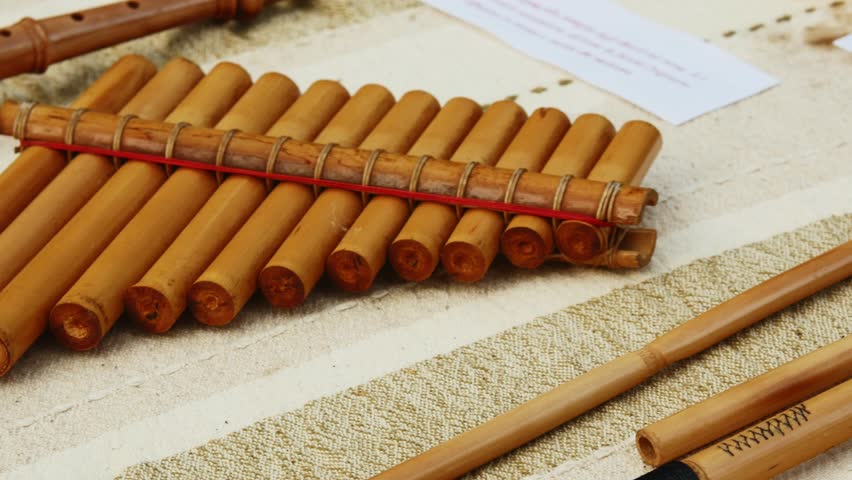 European medieval historical reenactment - pan flute close-up on a table during a medieval exhibition or fair Royalty-Free Stock Footage #1101617535