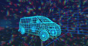 Animation of 3d car model and data processing over grid. Global car industry, business, finance, digital interface and data processing concept digitally generated video.