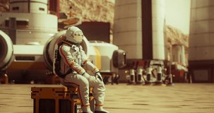 Astronaut On The Planet Mars Looking into Landscape of the Red Planet. Futuristic Spaceship Landing on Mars Base. Space Exploring Mission. Mars Colonization Concept. 3D Rendering. High quality 4k