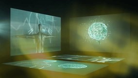 Animation of human body and skeleton, digital brains and heart rhythm against black background. Digitally generated, hologram, illustration, artificial intelligence, anatomy, medical and technology, - Powered by Shutterstock - Get 15% off with code: PIKWIZARD15