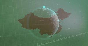 Animation of financial data processing over globe and map of china. Global business, finances, computing and data processing concept digitally generated video.