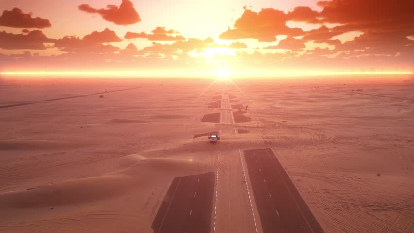 AERIAL. Top view of a car in the desert on sunset with moving clouds. Young travellers rise his hand on sunset Royalty-Free Stock Footage #1101623925