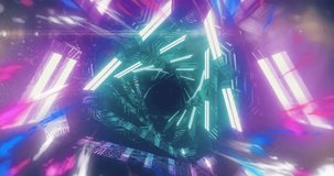 Animation of neon tunnel spinning on black background. Colour, pattern an movement concept digitally generated video.