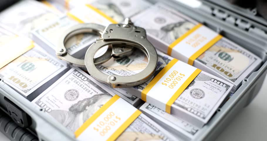 Handcuffs lie on stack of dollars in a suitcase, close-up. Royalty-Free Stock Footage #1101625689