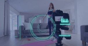 Animation of data processing over caucasian woman exercising, recording fitness vlog. Global online vlogging, fitness, digital interface and connections concept digitally generated video.