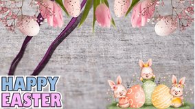 Colorful Easter eggs in background,  with bunny. Festive decoration for TV program with easter theme. Seamless loopable HD video