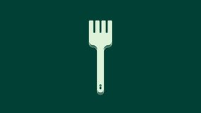 White Fork icon isolated on green background. Cutlery symbol. 4K Video motion graphic animation.