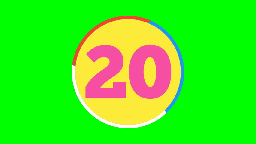 Animation Countdown cartoon number twenty 20 to one 1 motion graphics on green screen.20 second for timer video elements.4k resolution