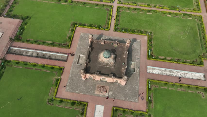 Aerial approaching drone view of Lalbagh Fort in Dhaka, Bangladesh.
