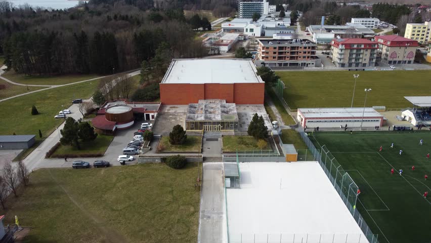 Drone shot of the town sports hall and the surrounding area. Specialized for Handball. Czechia.