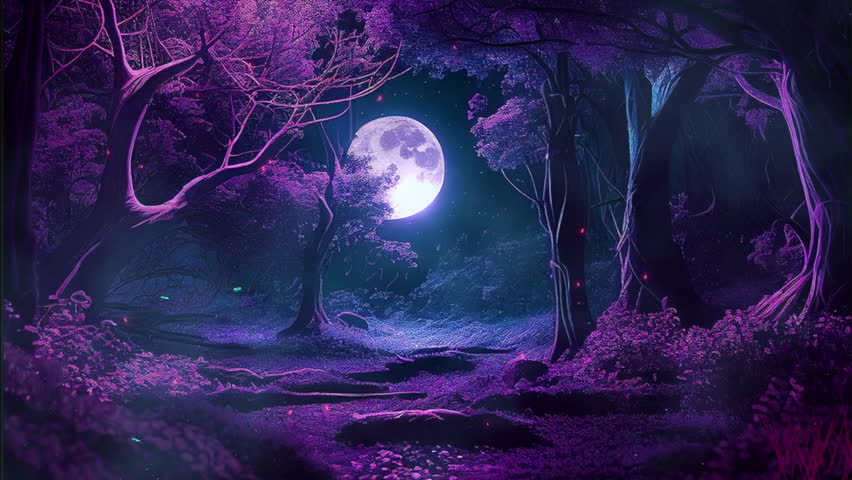 Animation of mythical fantasy forest at night, digitally generated dark environment with moonlight, trees, insects and trees. Royalty-Free Stock Footage #1101639323