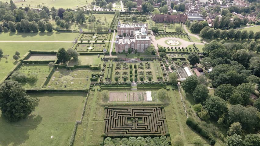 Aerial view over Hatfield house historic Tudor park and landscaped gardens landmark