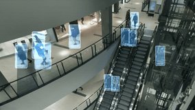 CCTV with facial recognition identifies people in a crowd. Scanning persons on an escalator in a shopping mall with a security video camera. Interface of software that uses big data analysis. 4k