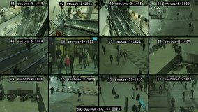 Software interface, CCTV split screen multicam surveillance monitors. Video security system with cameras in a crowded shopping mall. Privacy, public protection, control, video. 4k footage