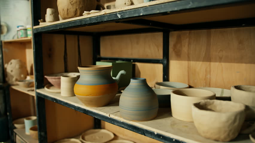 Handmade earthenware on wooden shelves in pottery workshop plates pots cups ready-made clay products