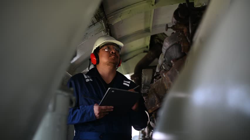 Engine engineer inspecting large machines in factory,Railway engine maintenance technician,engine repair mechanical manager