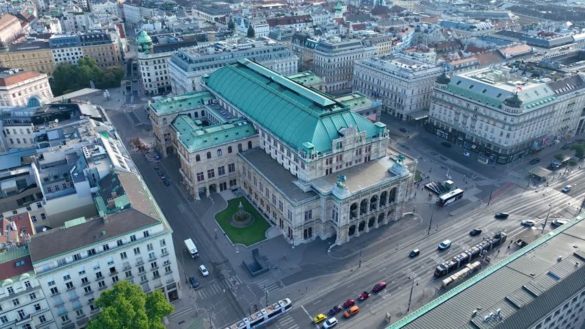 Aerial view of famous Vienna Opera house (Wiener Staatsoper) and the Art Gallery museum in historic center of city - landscape panorama of Austria from above, Europe