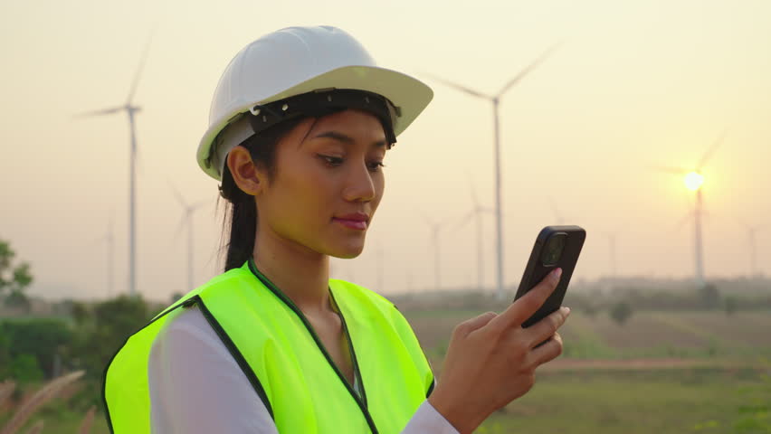Youg beautiful woman using phone at wind turbine background. She looking data in phone and looking around location.