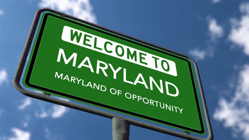 Welcome to Maryland US State Road Sign, Maryland of Opportunity Slogan, Close Up Realistic 3D Animation