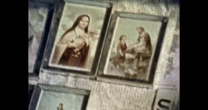 Close up, Christian saints Icons, saints faces for good luck. Christianity religion icon. Holy orthodox religious. Religion faith symbols. Archival video. Vintage color film. Old archive. No people