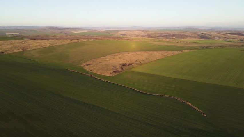 Aerial Sunset view of Rural land near Trakia (A1) motorway, Burgas Region, Bulgaria