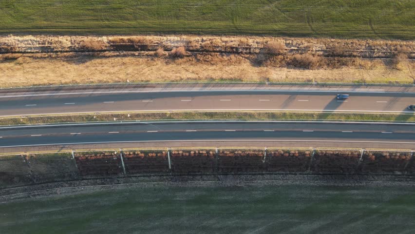 Aerial Sunset view of Rural land near Trakia (A1) motorway, Burgas Region, Bulgaria