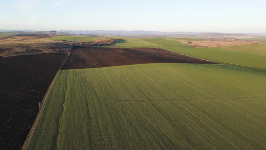 Aerial Sunset view of Rural land near Trakia (A1) motorway, Burgas Region, Bulgaria