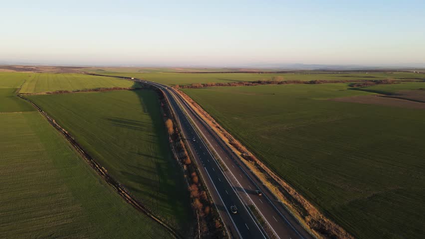 Aerial Sunset view of Rural land near Trakia (A1) motorway, Burgas Region, Bulgaria