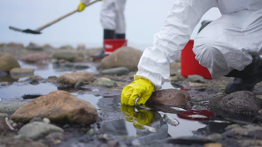 dead fish in the hands of a volunteer scientist the consequences of an oil spill tanker crash Royalty-Free Stock Footage #1101659737