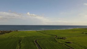 Clouds hung in the interim over the green fields. They portend a dramatic storm as they move across the plains. Bird's eye view. Cyprus. Real-time UHD 4K video. On the mediterranean sea.