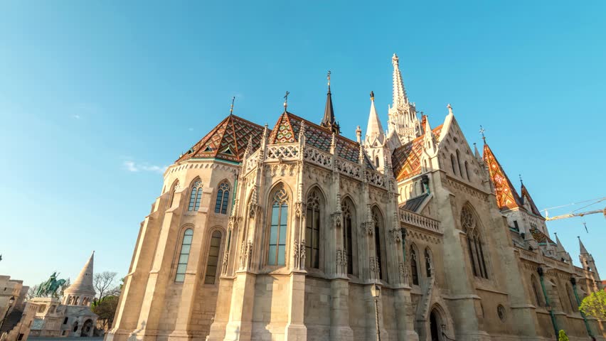 Budapest Hungary time lapse 4K, city skyline timelapse at Matthias Church and Fisherman