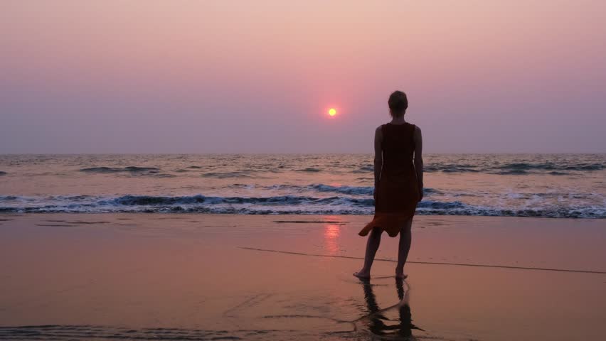 Back view of happy woman standing on the seashore, admiring the beautiful sunset, enjoying vacation and freedom. Female silhouette in a long fluttering dress is reflected in a water mirror. Royalty-Free Stock Footage #1101662463