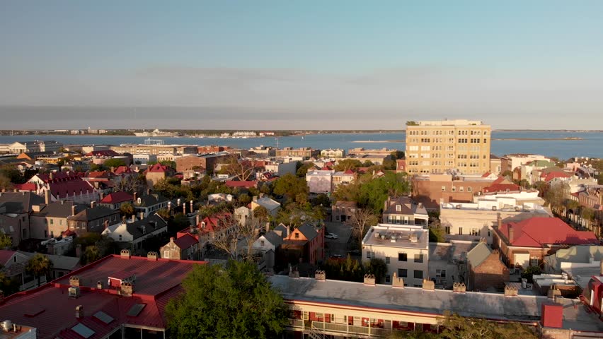 Skyline of Charleston at sunset, aerial view of South Carolina