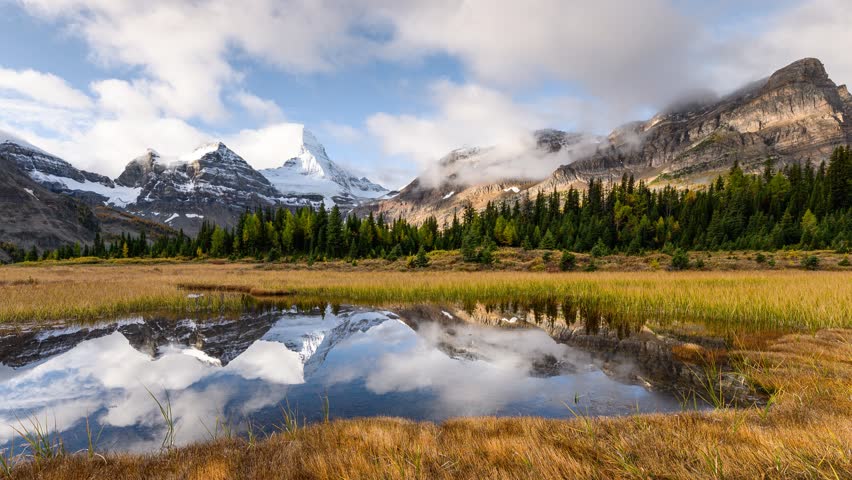 Time lapse scenery of Mount Assiniboine with pond reflection on golden meadow in autumn forest at Assiniboine provincial park, BC, Canada