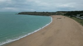 Deserted Chevrets beach, Saint-Coulomb in Brittany, France. Aerial drone panoramic view