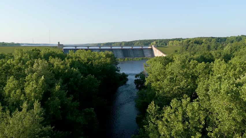 Aerial of reservoir dam and creek, Hoover Reservoir, Westerville, Ohio