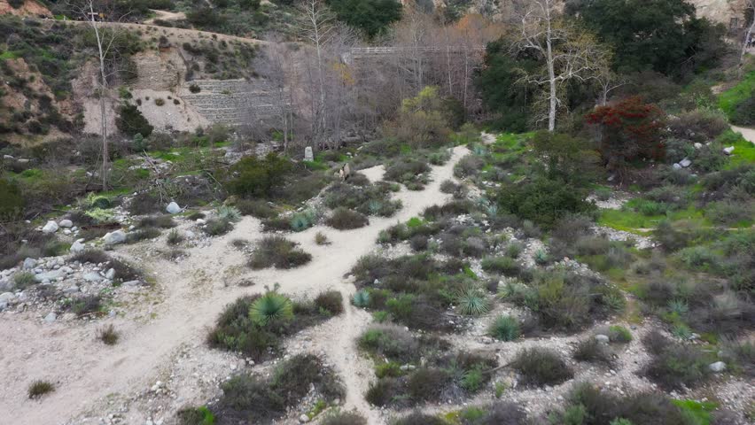 Eaton Canyon Falls trail and Chuck Ballard Memorial Bridge. Aerial dolly pan tilt.