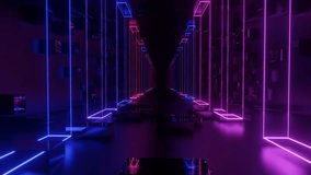Ultraviolet tunnel. Hi-tech neon sci-fi tunel. Trendy neon glow lines form pattern and construction in mirror tunnel. Fly through technology cyberspace. 3d looped seamless 4k bright. 3D Illustration