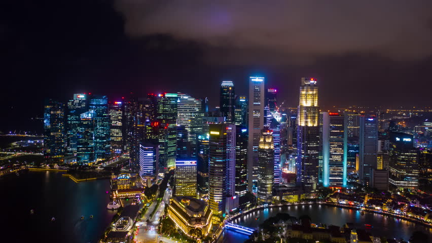 night illuminated singapore city downtown bay district aerial timelapse panorama 4k