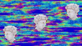 Animation of three antique head sculptures with glitch on multi coloured background. Abstract, art, colour and movement concept digitally generated video.
