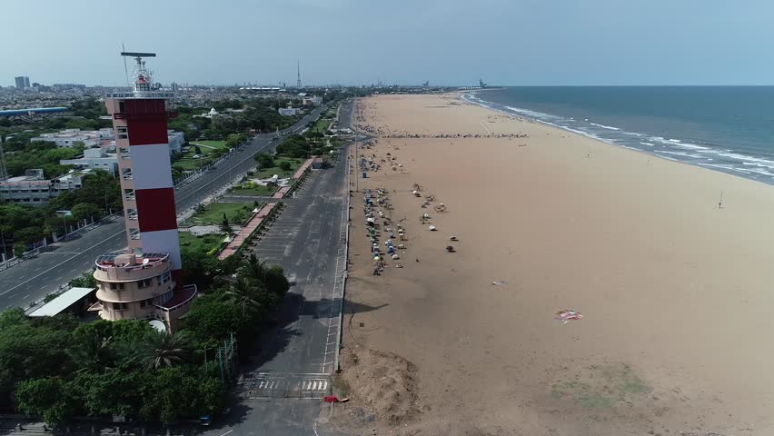 A drone shot of an empty Marina Beach coastline during the COVID-19 lockdown in Chennai, India

