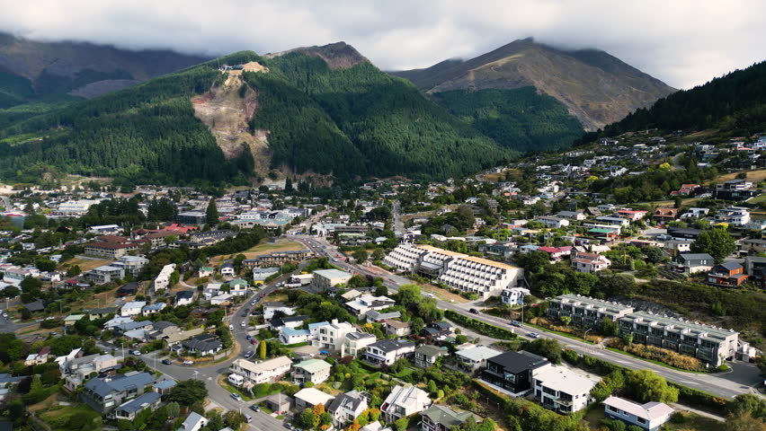 Scenic aerial panorama of Queenstown downtown, New Zealand