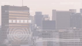 Animation of graph, profile icons, soundwave, changing numbers over aerial view of buildings. Digital composite, multiple exposure, report, business, growth, architecture and technology concept. - Powered by Shutterstock - Get 15% off with code: PIKWIZARD15