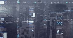 Animation of financial data processing over cityscape. Global business, finances, computing and data processing concept digitally generated video. - Powered by Shutterstock - Get 15% off with code: PIKWIZARD15
