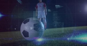 Animation of financial data processing over caucasian football player. Global sports, business, finances, computing and data processing concept digitally generated video.