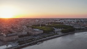 Establishing Aerial View Shot of Bordeaux Fr, world capital of wine, Nouvelle-Aquitaine, France, beautiful sunset